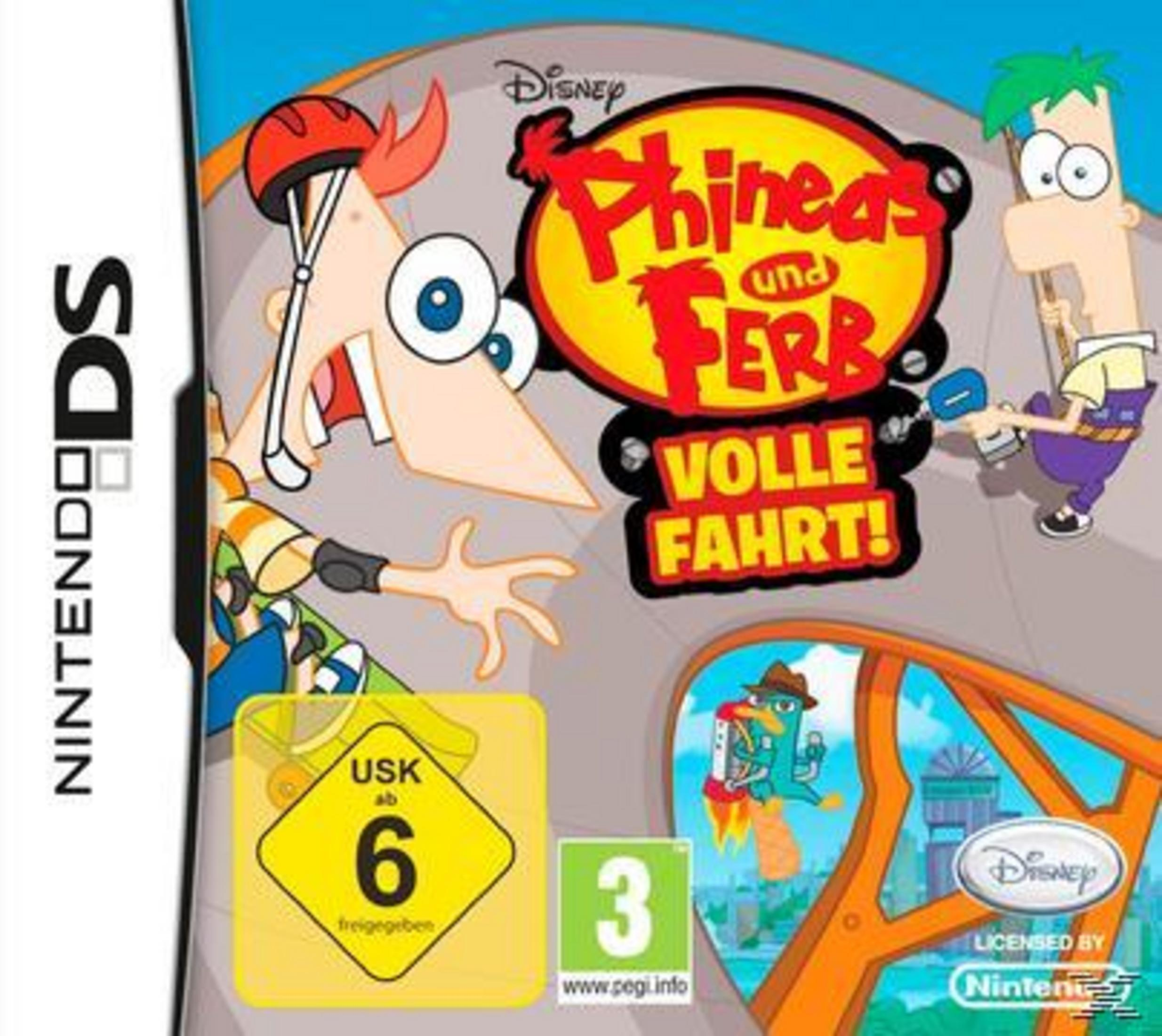 Phineas und Ferb DS-Spielbox. Charaktere auf dem Cover, gelbe USK-Bewertung und Disney-Logo.