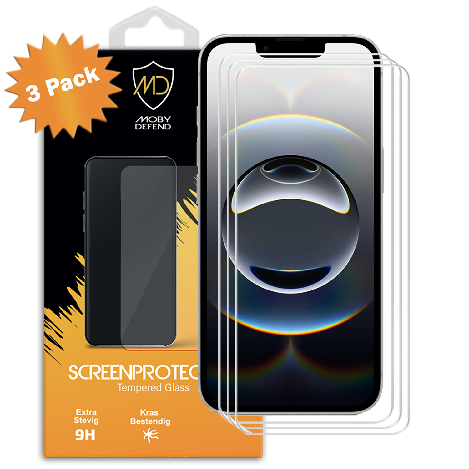 Een telefoon screenprotector doos met drie protectoren en een telefoon.