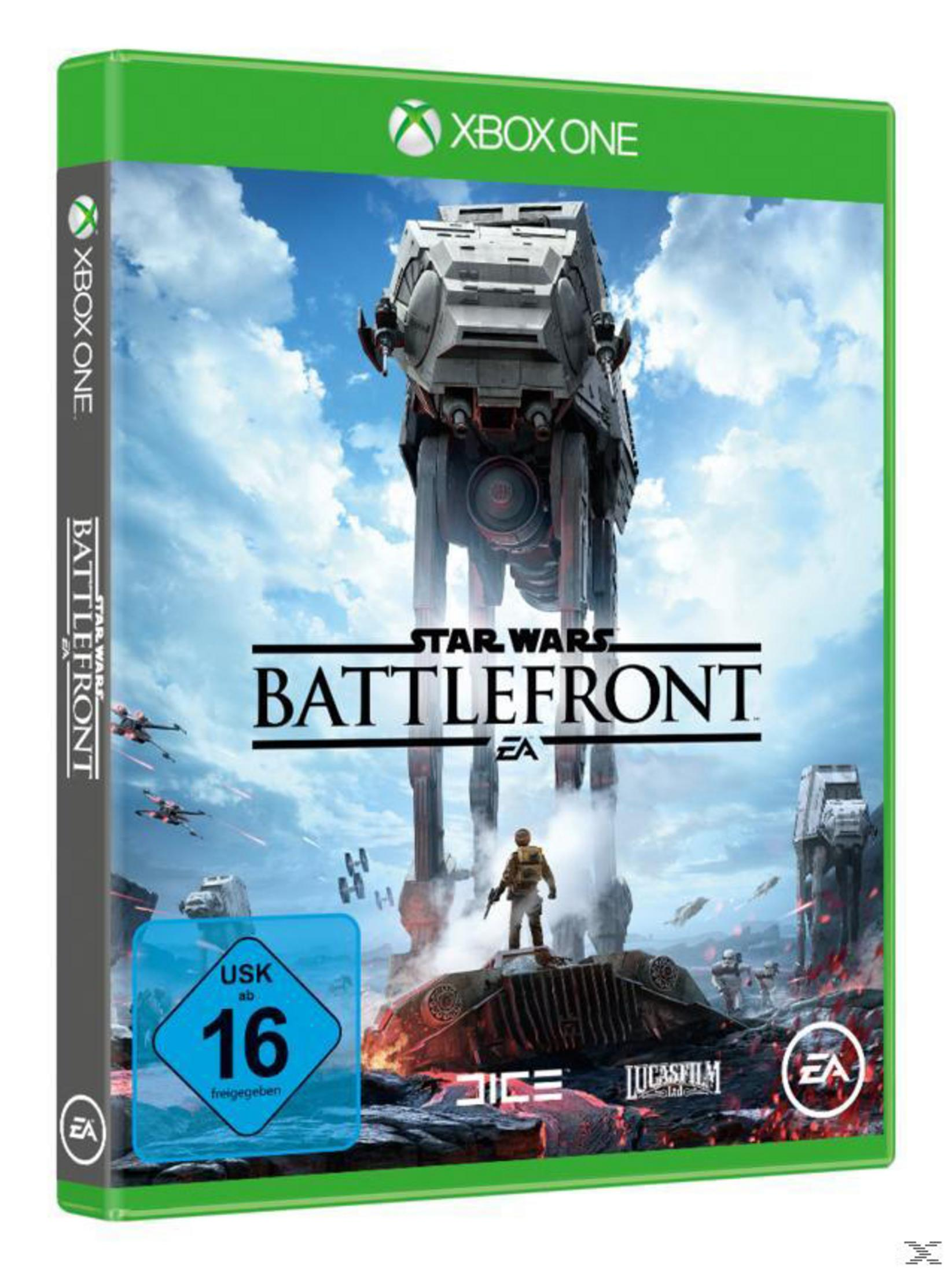 Star Wars Battlefront game cover. Een grote AT-AT op de achtergrond met een soldaat en andere voertuigen.