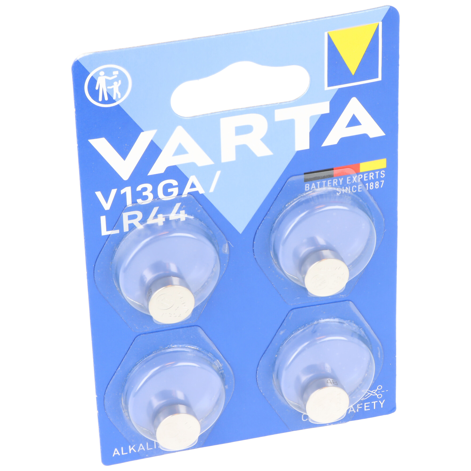 Eine Batteriepackung auf einer blauen Blisterkarte. Vier Batterien sind sichtbar. Das Varta-Logo oben.