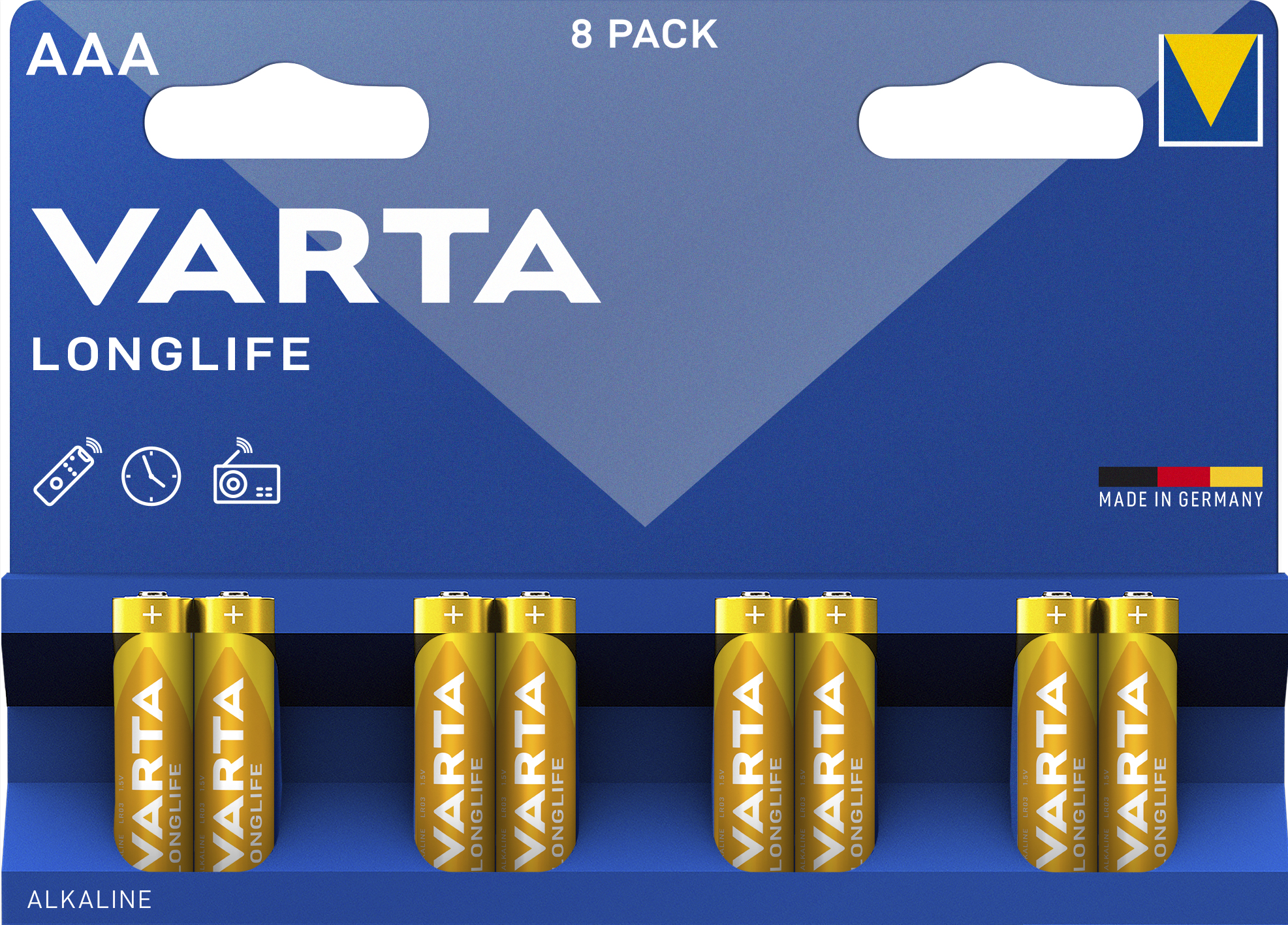 Un pacco di batterie AAA, con il logo Varta e la scritta 'Longlife' su sfondo blu.