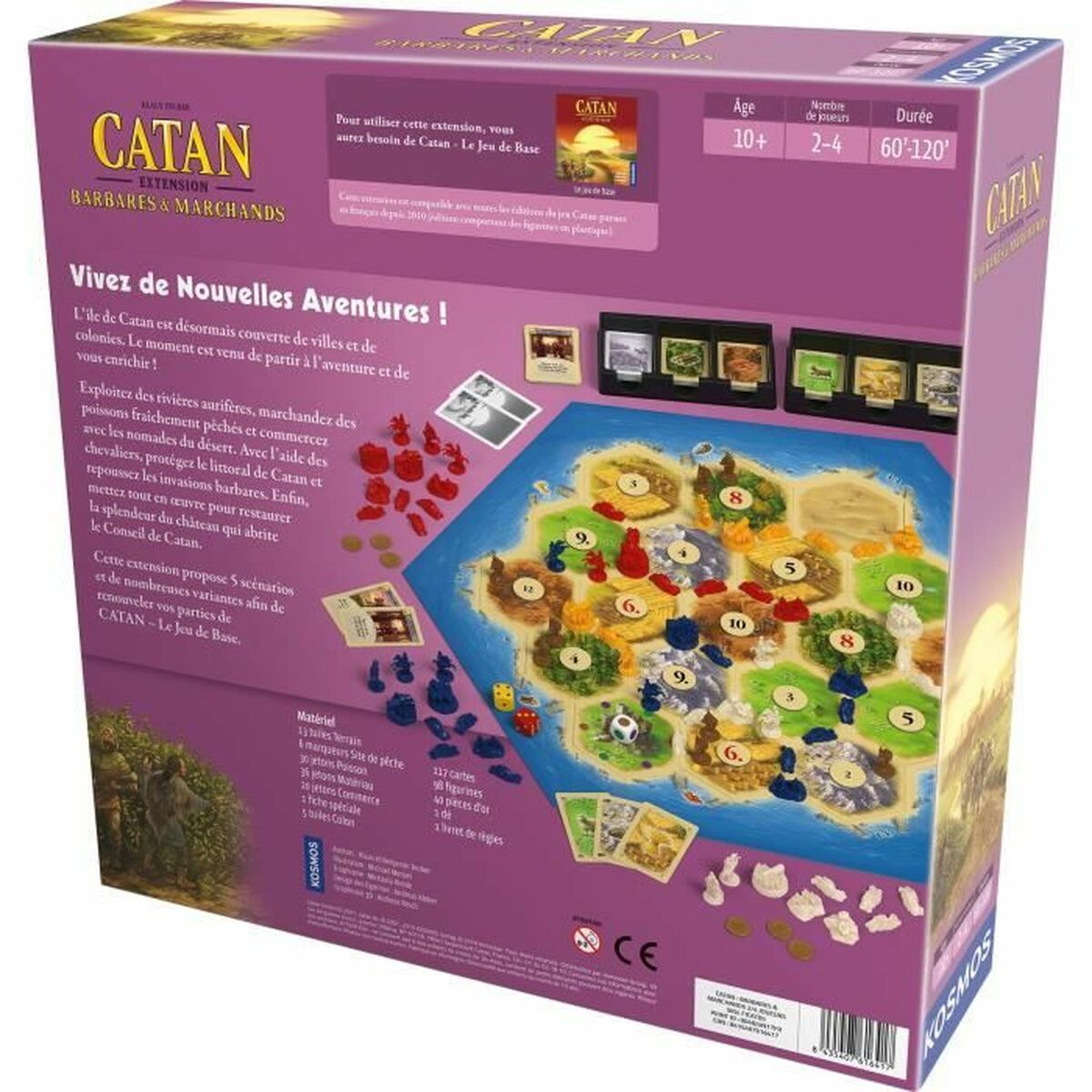 Rückseite der Catan-Spielbox. Zeigt Spielbrett, Teile und Text in mehreren Sprachen.