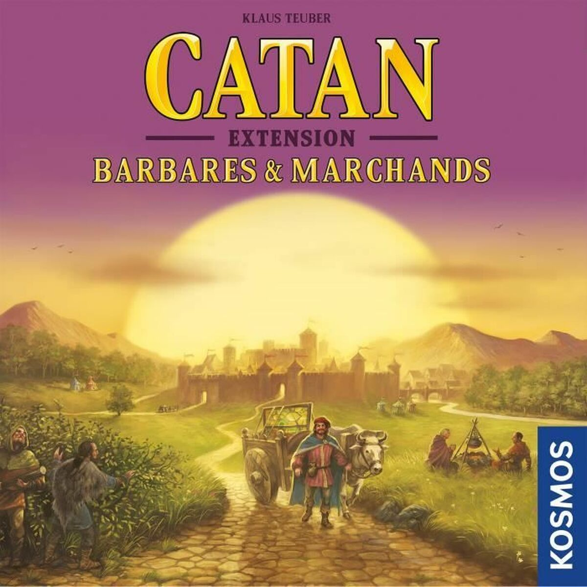 Catan-Brettspielbox. Illustration einer Straße, Menschen und einer Burg bei Sonnenuntergang.