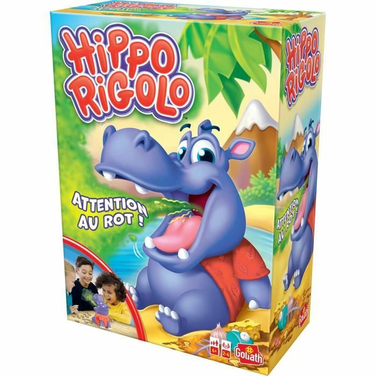 Scatola del gioco da tavolo Hippo Rigolo, con un ippopotamo dei cartoni animati e bambini, con colori vivaci.