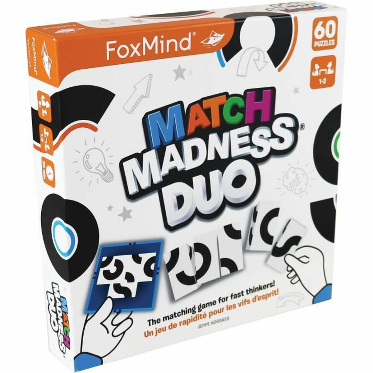 Una scatola di gioco intitolata 'MATCH MADNESS DUO' e il logo FoxMind. Sfondo bianco.