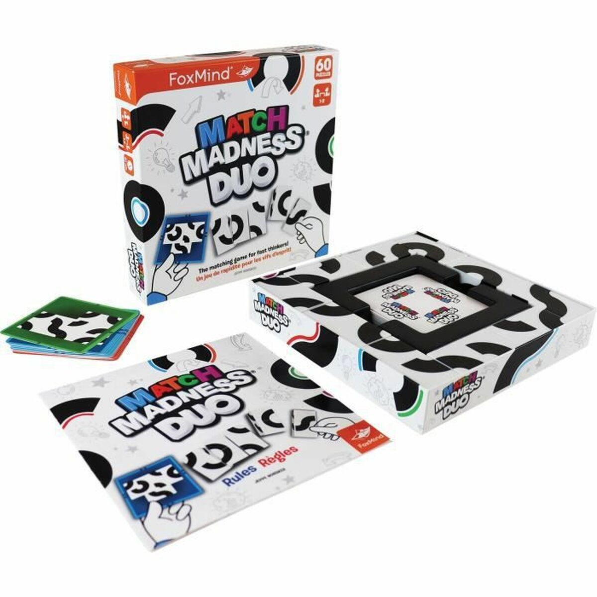 Scatole del gioco da tavolo Match Madness Duo. Mostra scatole con il logo del gioco e pezzi.