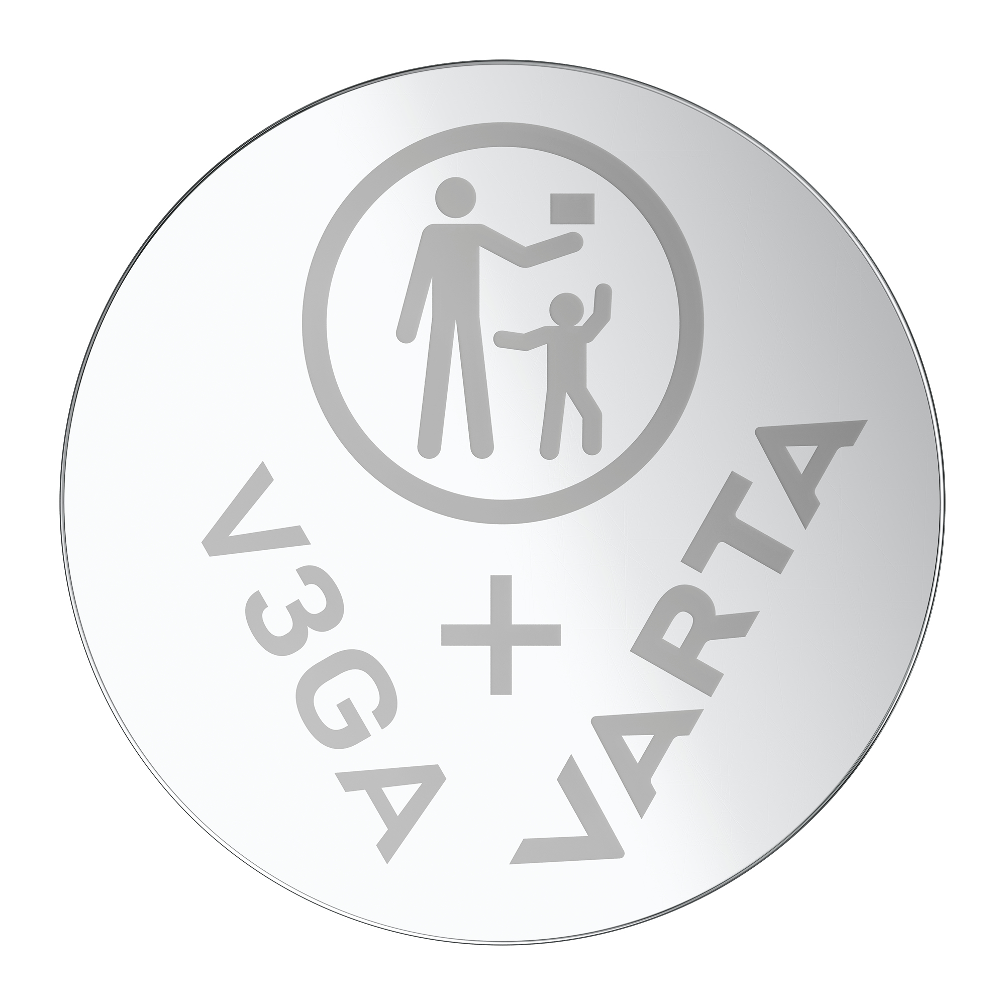 A silver battery with the words V3GA + VARTA and a stick figure of a parent and child.