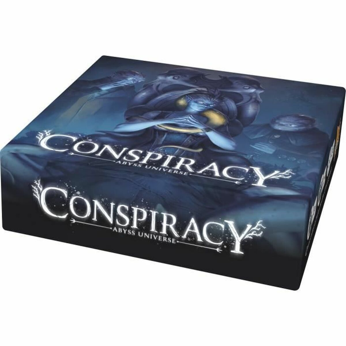 Conspiracy: Abyss Universe Brettspielbox. Dunkelblaue Töne, mit einer weiblichen Figur vorne.