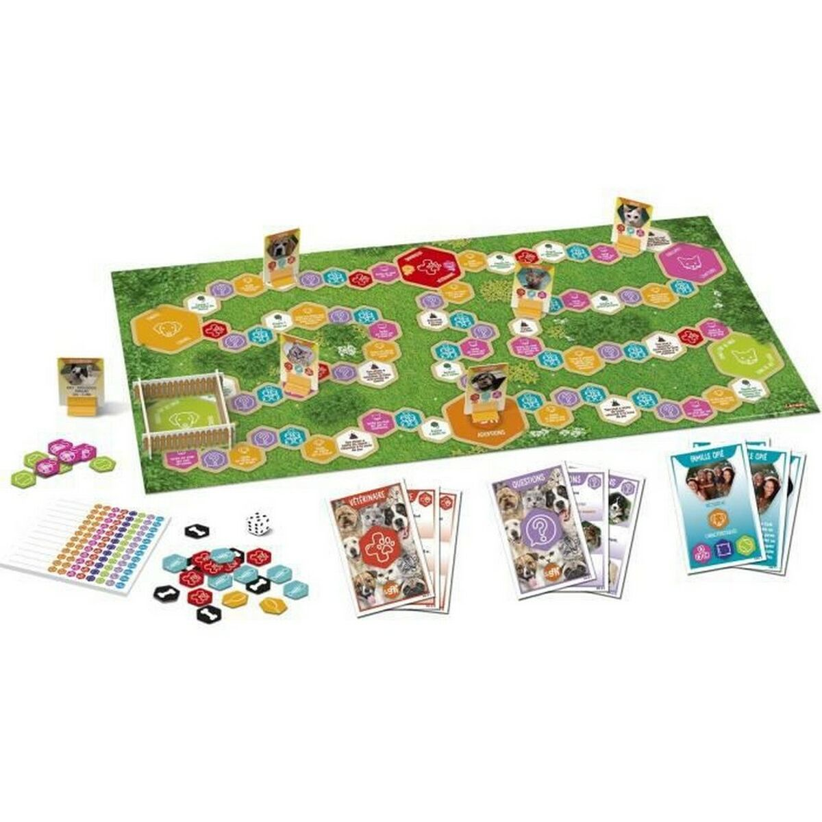 Brettspiel mit grünem Spielbrett, Karten, Spielsteinen, Würfeln. Mit Bildern von Haustieren.
