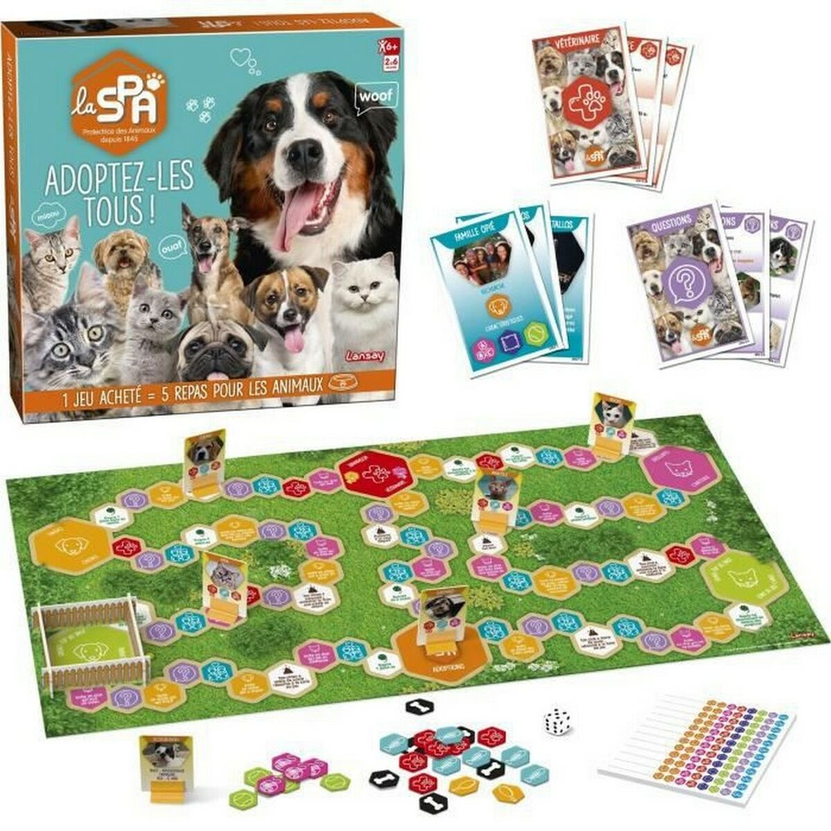 La SPA Brettspielbox, mit Hunden und Katzen, mit Spielbrett, Karten und Würfeln.