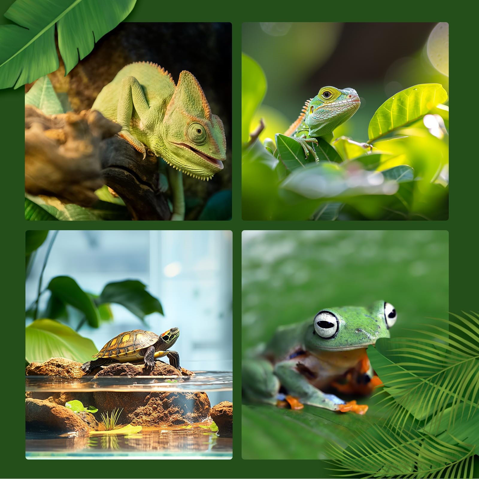 Vier Bilder von Reptilien und Amphibien. Enthält ein Chamäleon, eine Eidechse, eine Schildkröte und einen Frosch.