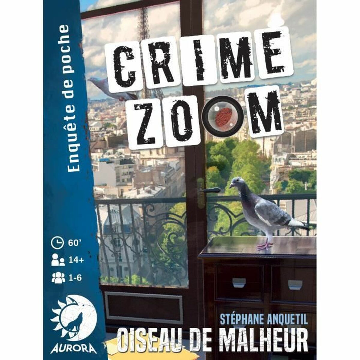 Crime Zoom-Brettspielbox mit einer Stadt und einer Taube.
