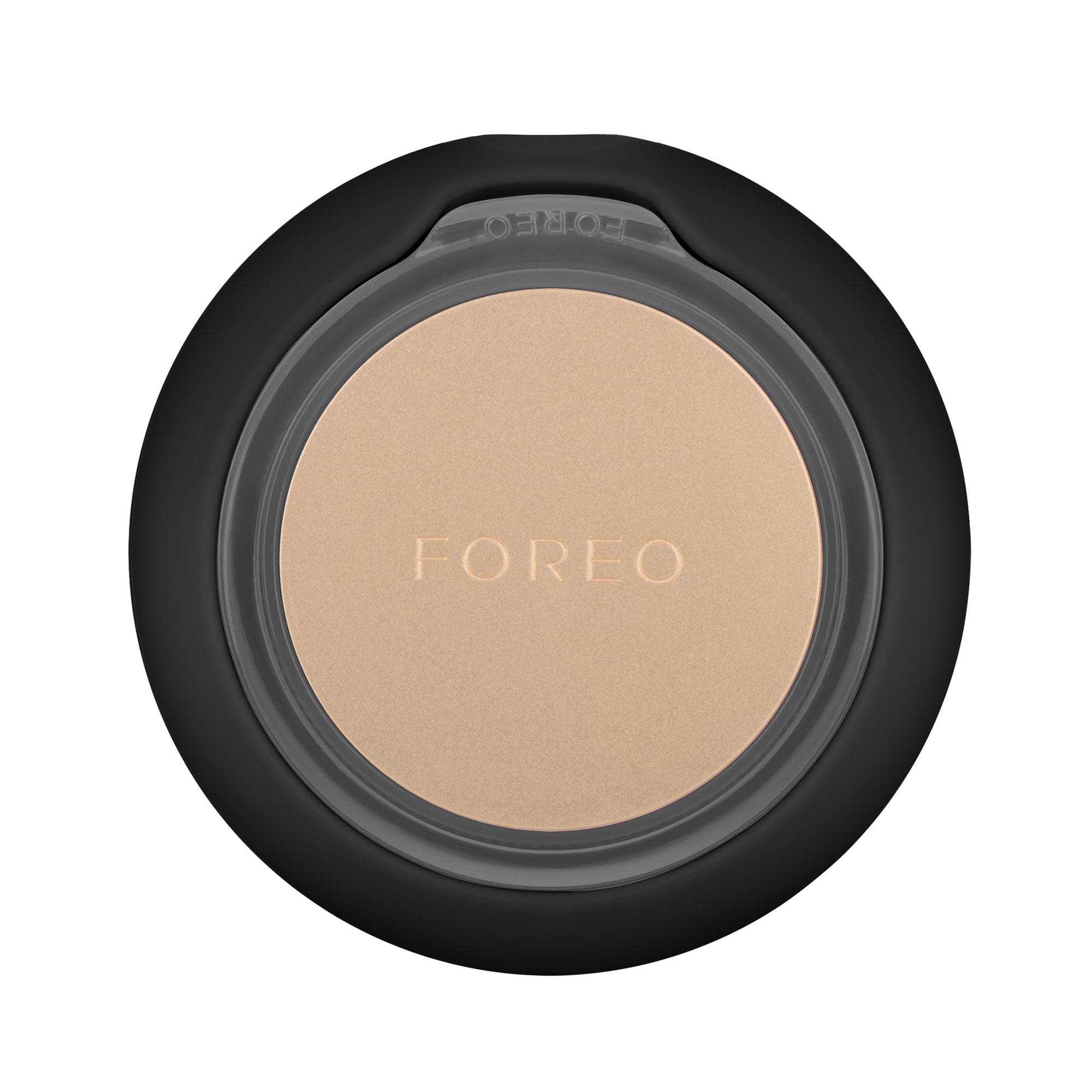 Dispositivo Foreo negro, centrado en blanco. Centro beige con texto FOREO.