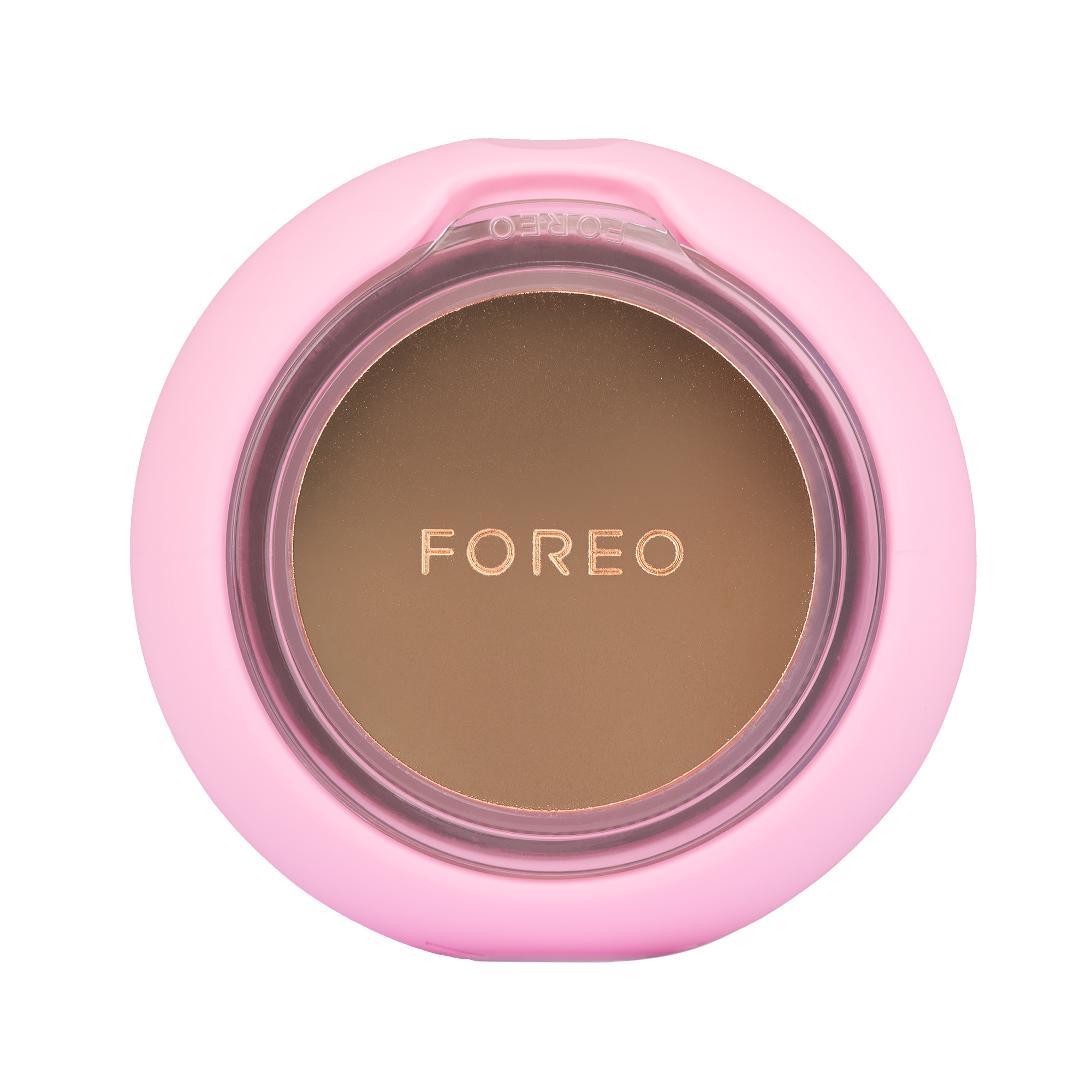 Un dispositivo de limpieza facial rosa y marrón con la palabra FOREO arriba.