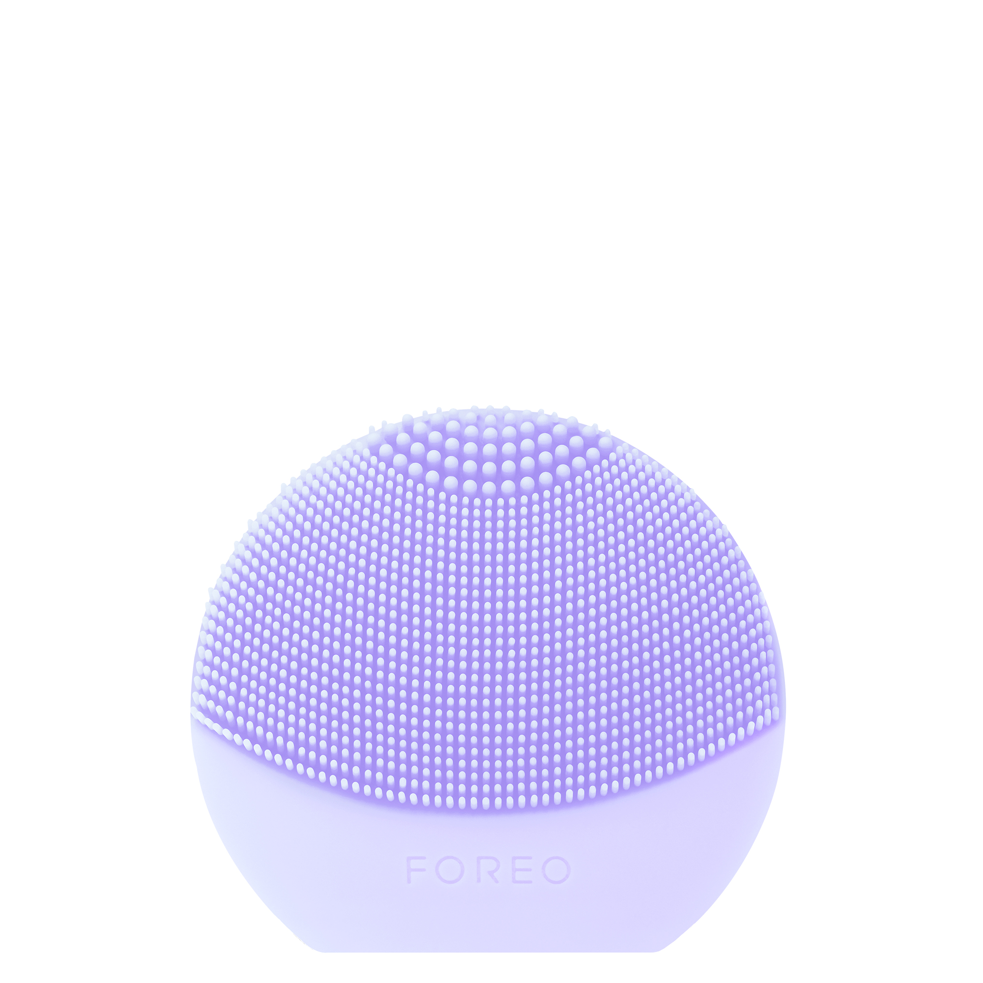 Una spazzola per la pulizia del viso FOREO rotonda, lilla chiaro. Setole in silicone morbido e base liscia.