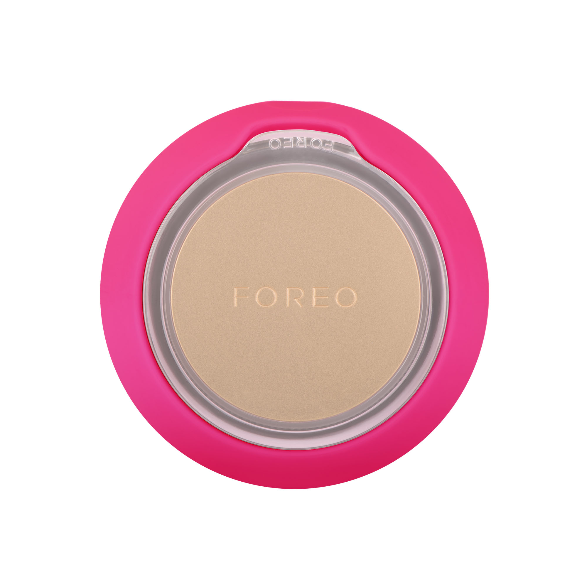 Dispositivo per il viso FOREO rosa con superficie beige al centro. FOREO è scritto in alto.