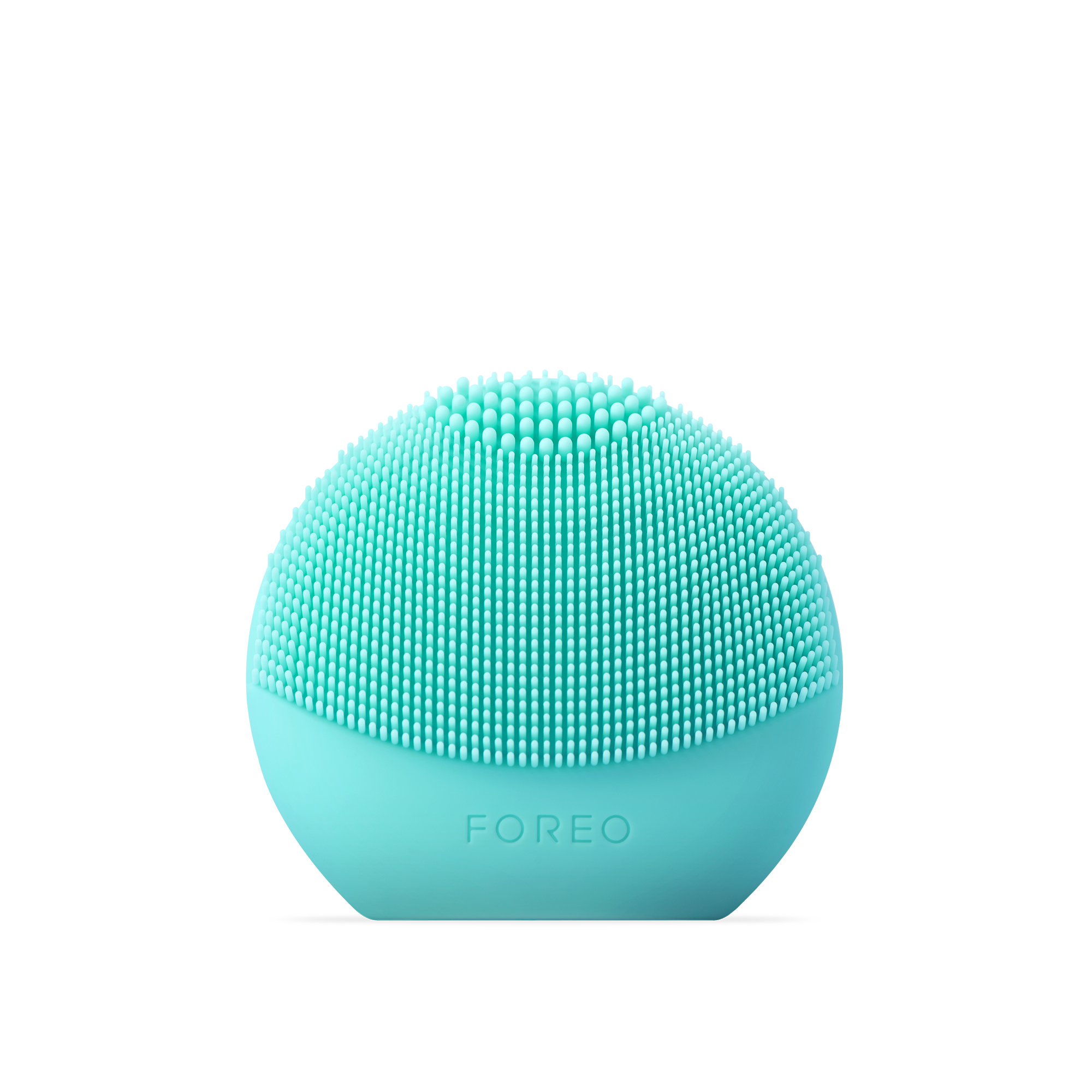 Una spazzola per la pulizia del viso Foreo blu. La spazzola è rotonda e di colore azzurro. Foreo è scritto sopra.