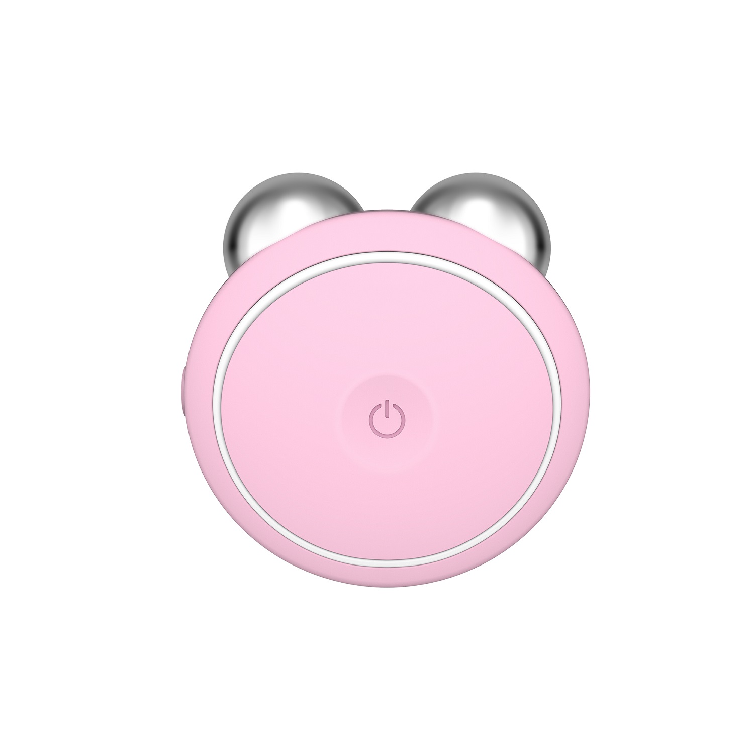 Un dispositivo FOREO rosa con un pulsante di accensione, due sfere d'argento sopra.