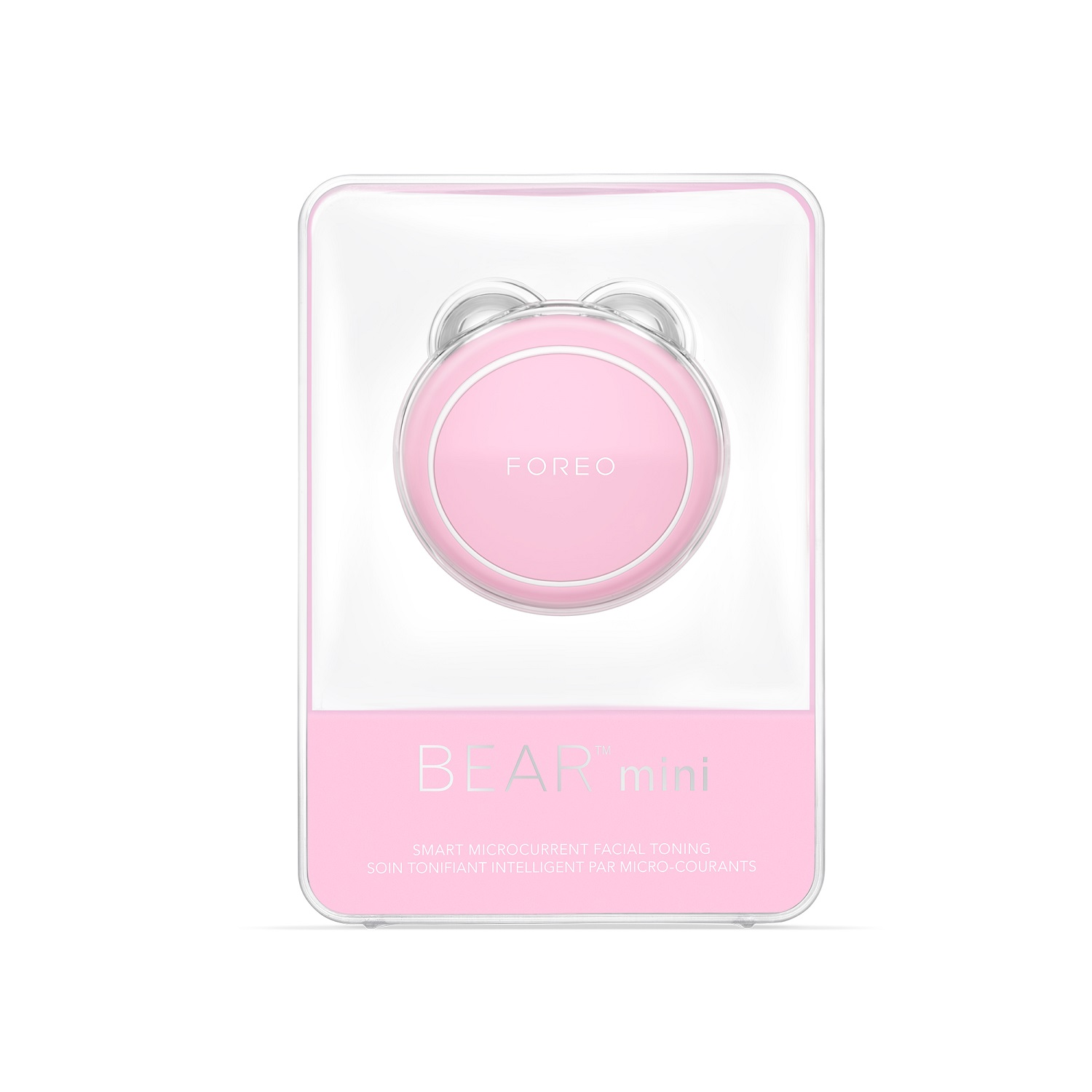 Dispositivo FOREO Bear Mini rosa in una confezione di plastica trasparente, con testo sopra.