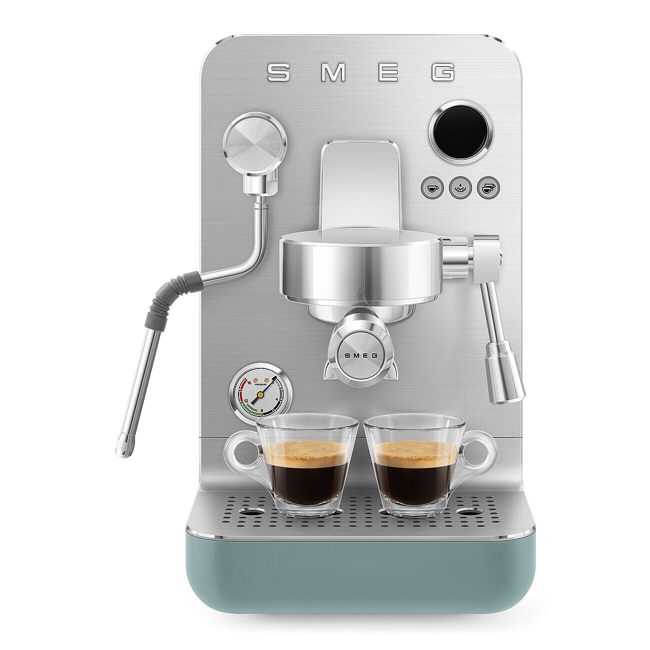 Eine silberne SMEG Espressomaschine mit zwei Tassen Kaffee.