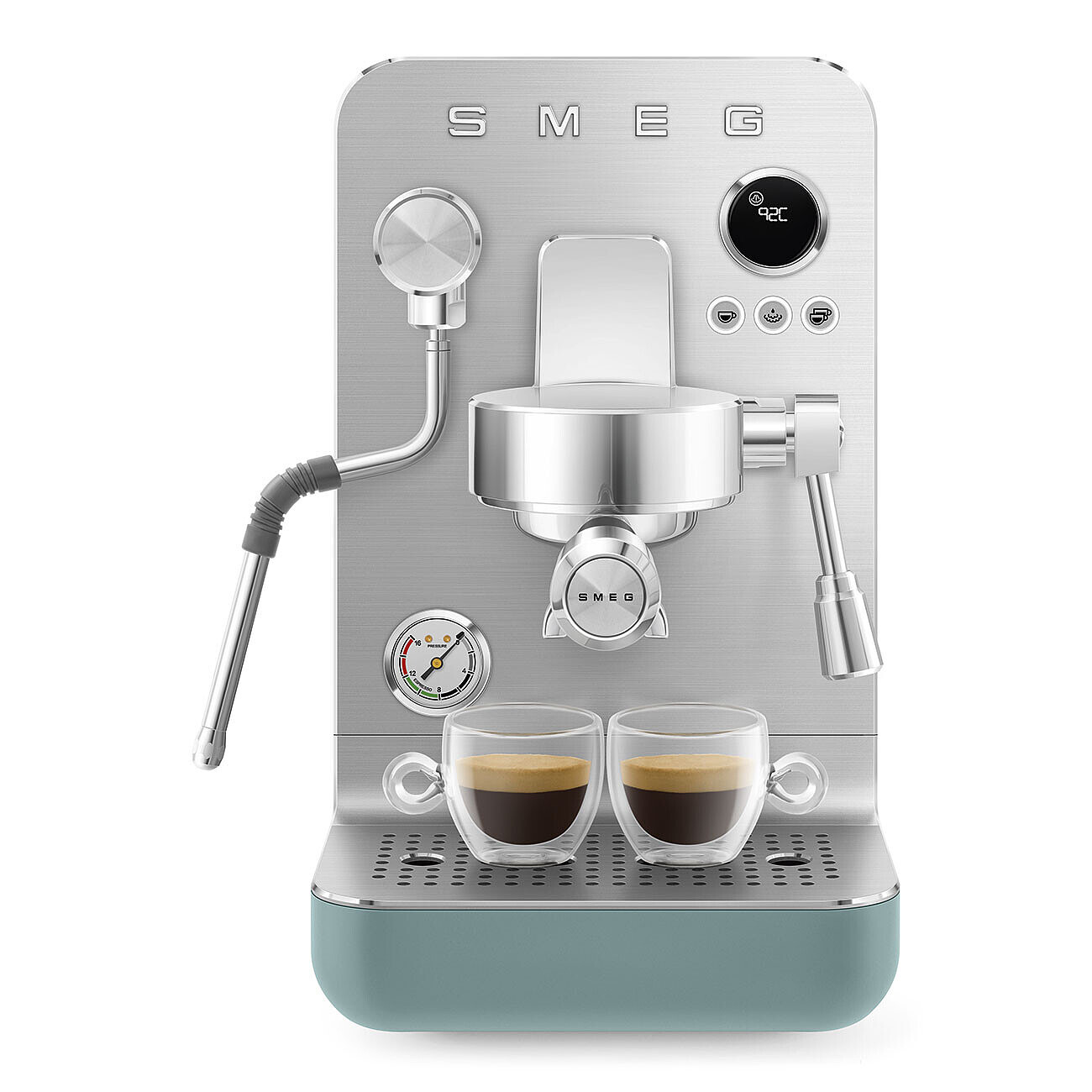 Eine SMEG Espressomaschine mit zwei Kaffeetassen, mit silbernem Gehäuse und aqua Basis.