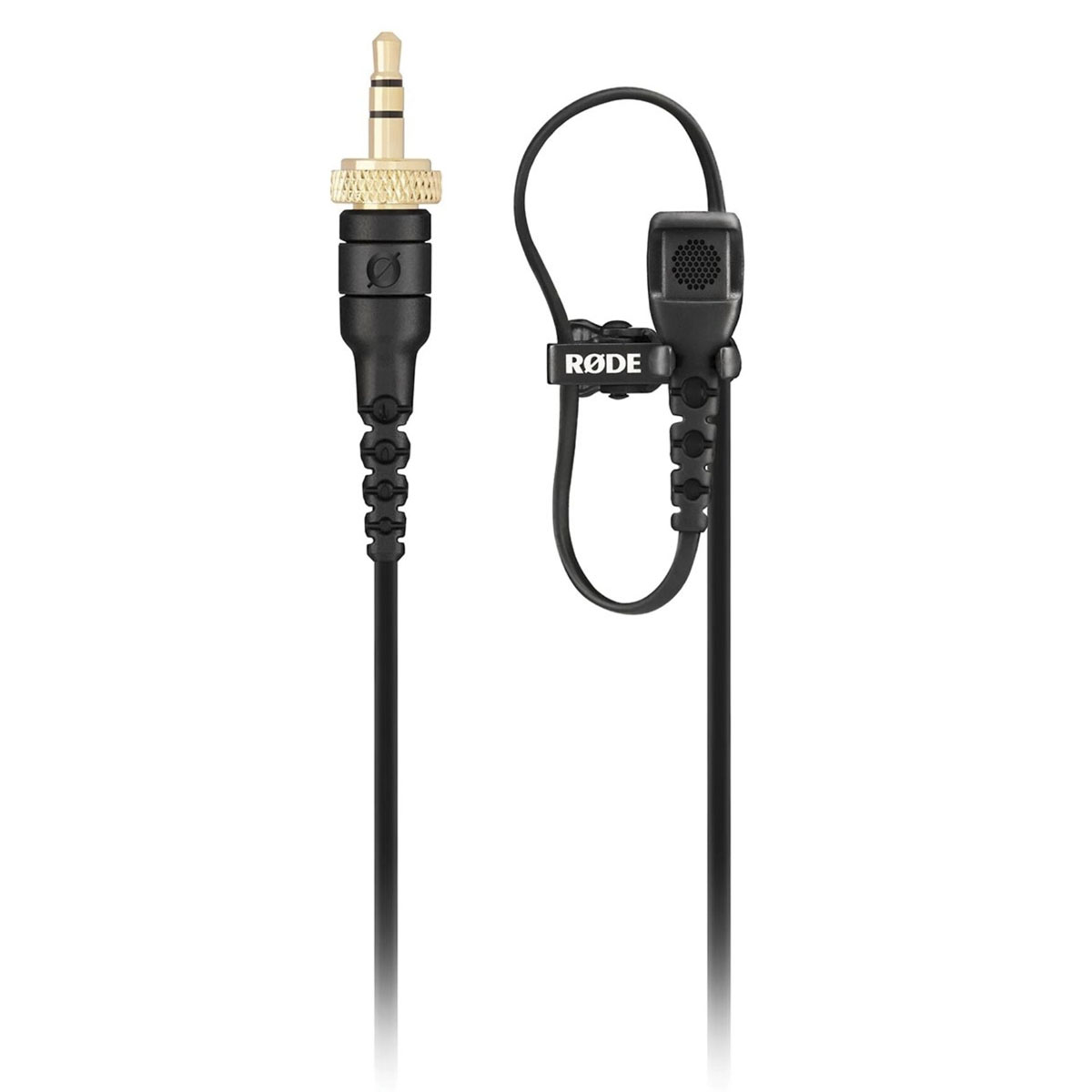 Czarny mikrofon ze złotym jackiem i czarnym kablem.