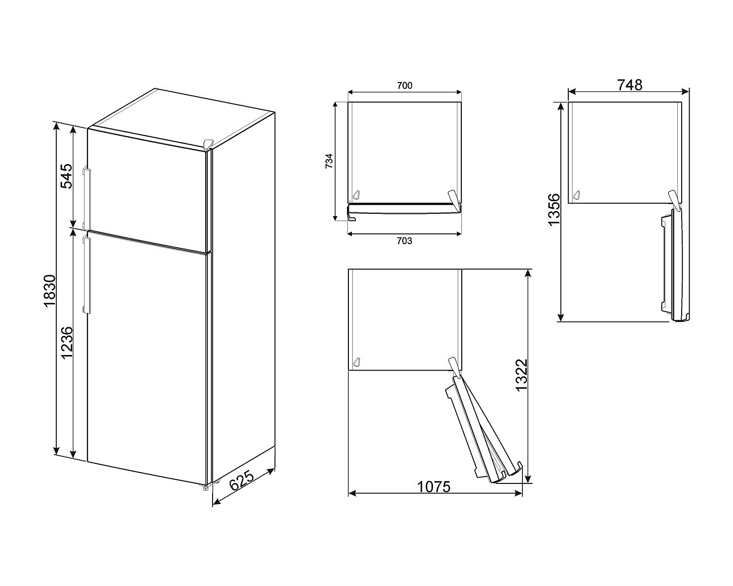 Dibujo técnico de un refrigerador con dimensiones. Se muestran varias vistas, incluyendo lateral y frontal.