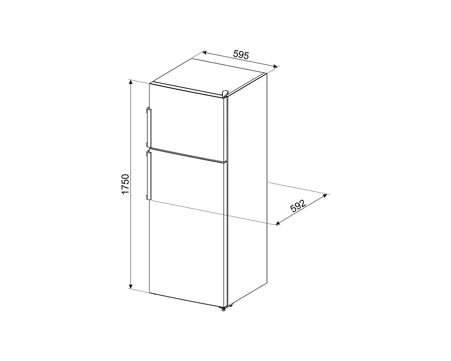 Vista isométrica de un frigorífico con dimensiones: 1750 mm altura, 595 mm ancho, 592 mm profundidad.