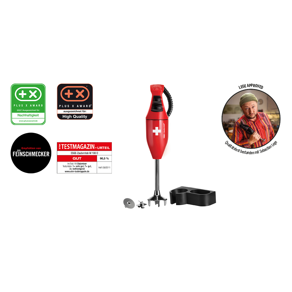 Czerwony blender ręczny z akcesoriami i logo na białym tle.