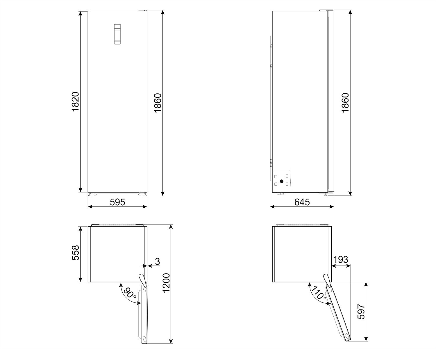 Diagrama con dimensiones de un armario, mostrando vistas frontal, lateral y superior.