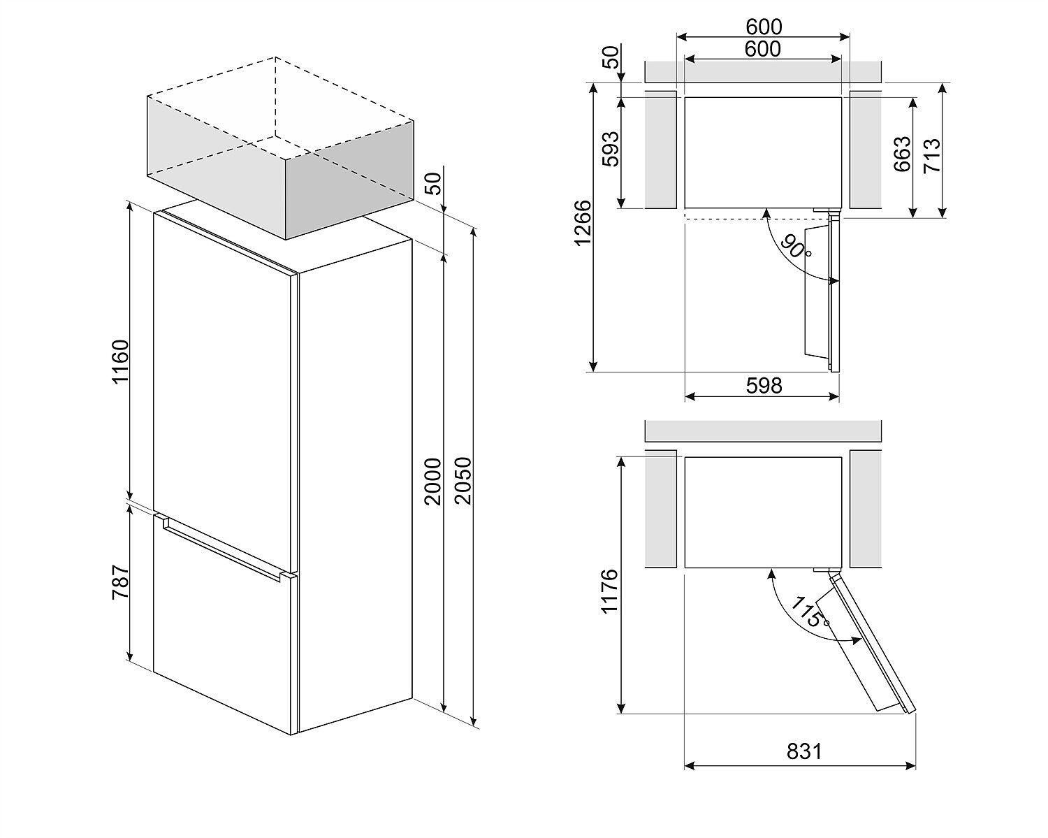 Dibujo técnico de una nevera. Incluye dimensiones y detalles de diseño.