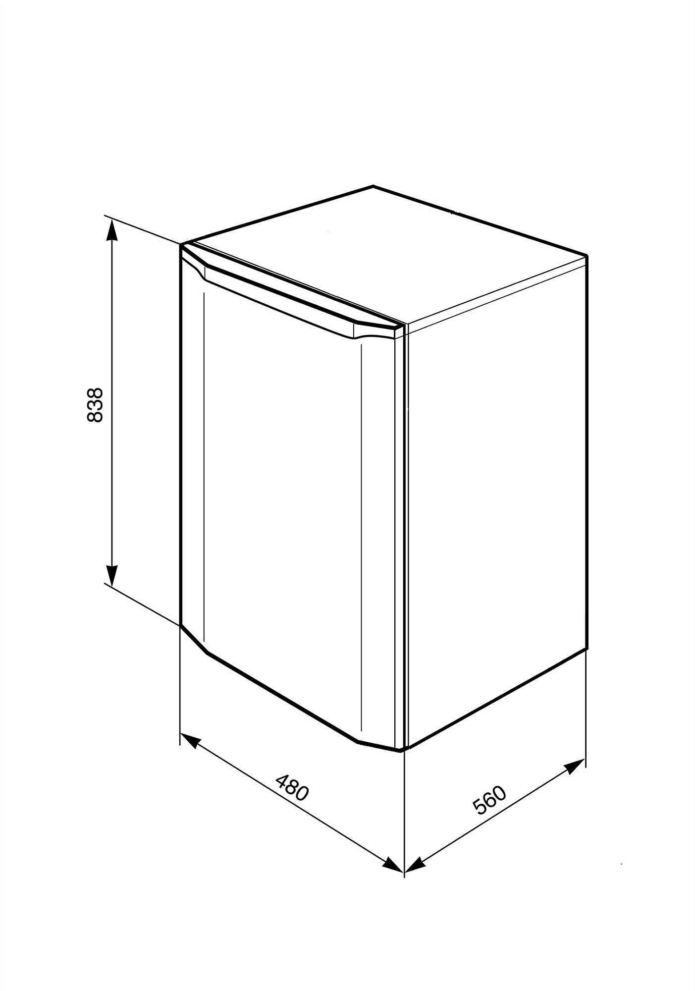 Diagrama de un refrigerador, mostrando dimensiones y ángulos, vista superior.