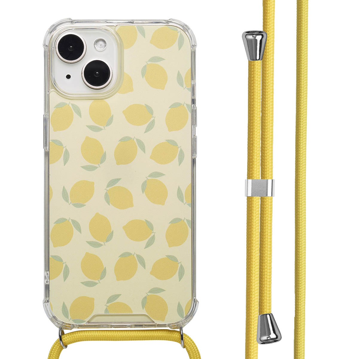 Transparante telefoonhoes met citroenpatroon, gele band. Witte achtergrond.