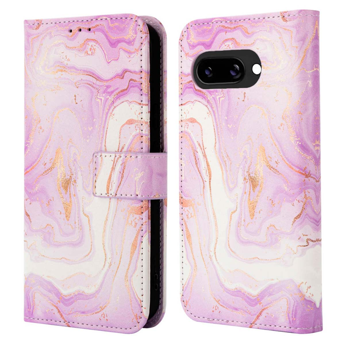 Paarse marmeren telefoonhoes, gouden accenten, open. Witte achtergrond.