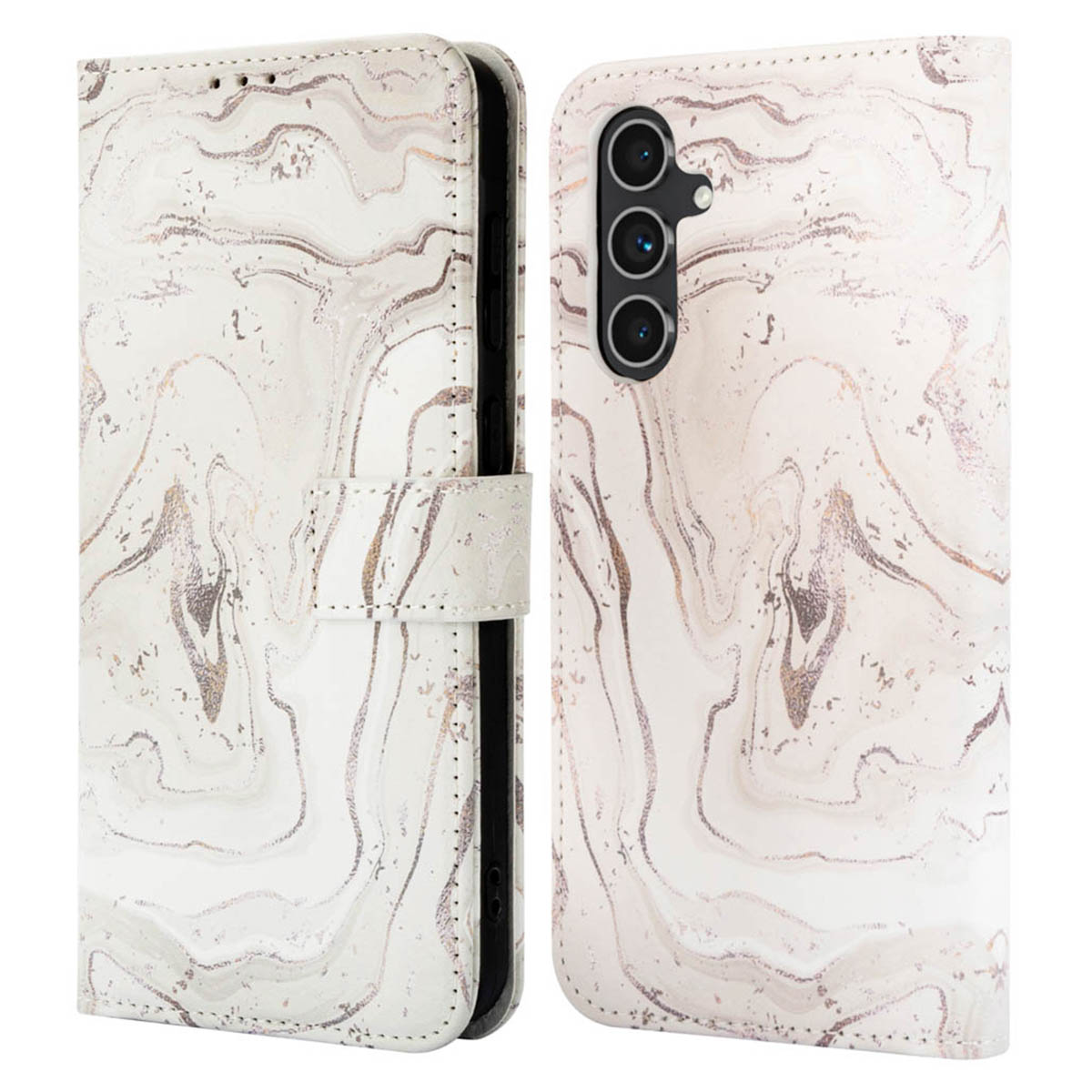 Coque de téléphone en marbre blanc, accents dorés, ouverte. Fond blanc.