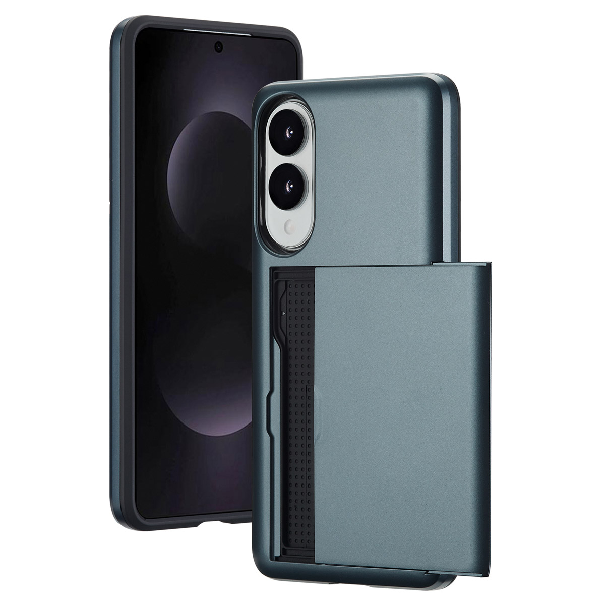 Étui téléphone vert foncé avec porte-cartes, téléphone à gauche. Blanc.