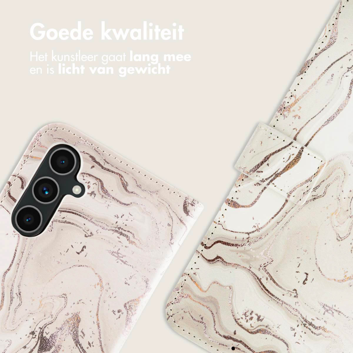 Coque de téléphone avec motif marbre, couleurs claires. Téléphone et coque sur fond clair.