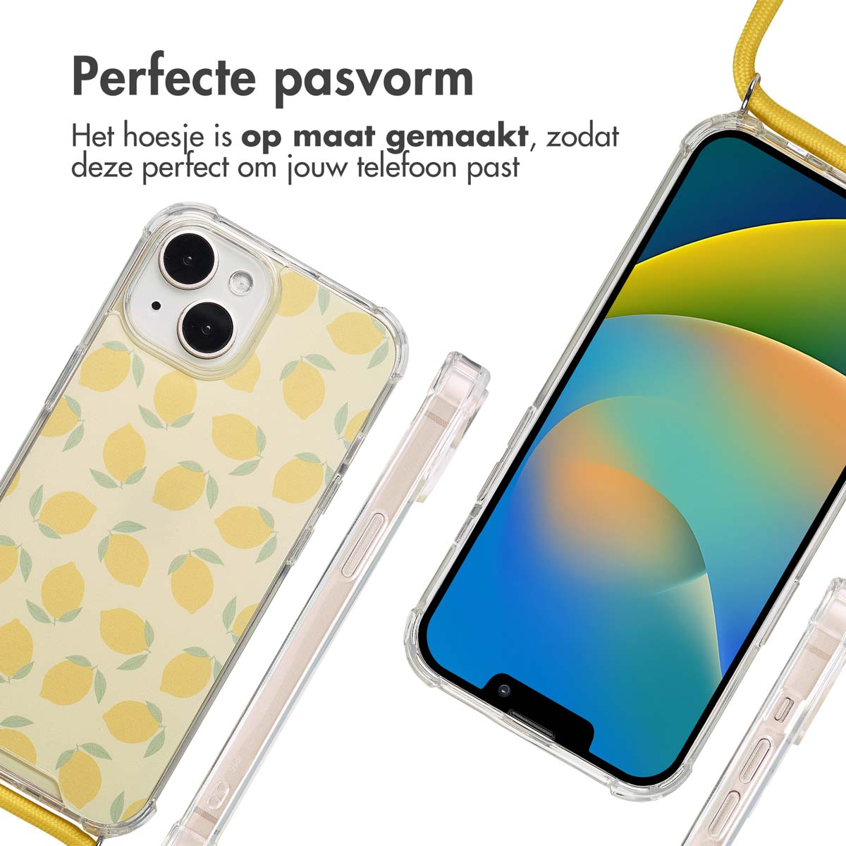 Telefoonhoesje met citroenpatroon. Telefoon en hoesje worden getoond met een koord.