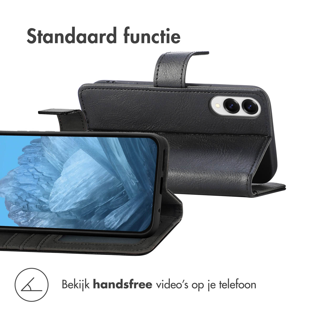Zwarte telefoonhoes met telefoon en standaard. De telefoon toont een foto van een blauwe kristal.