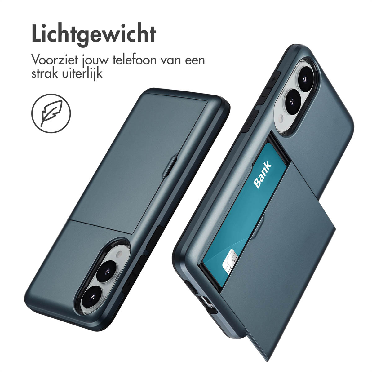 Deux étuis pour téléphone, un ouvert avec une carte, et un fermé. Ils sont bleu foncé.