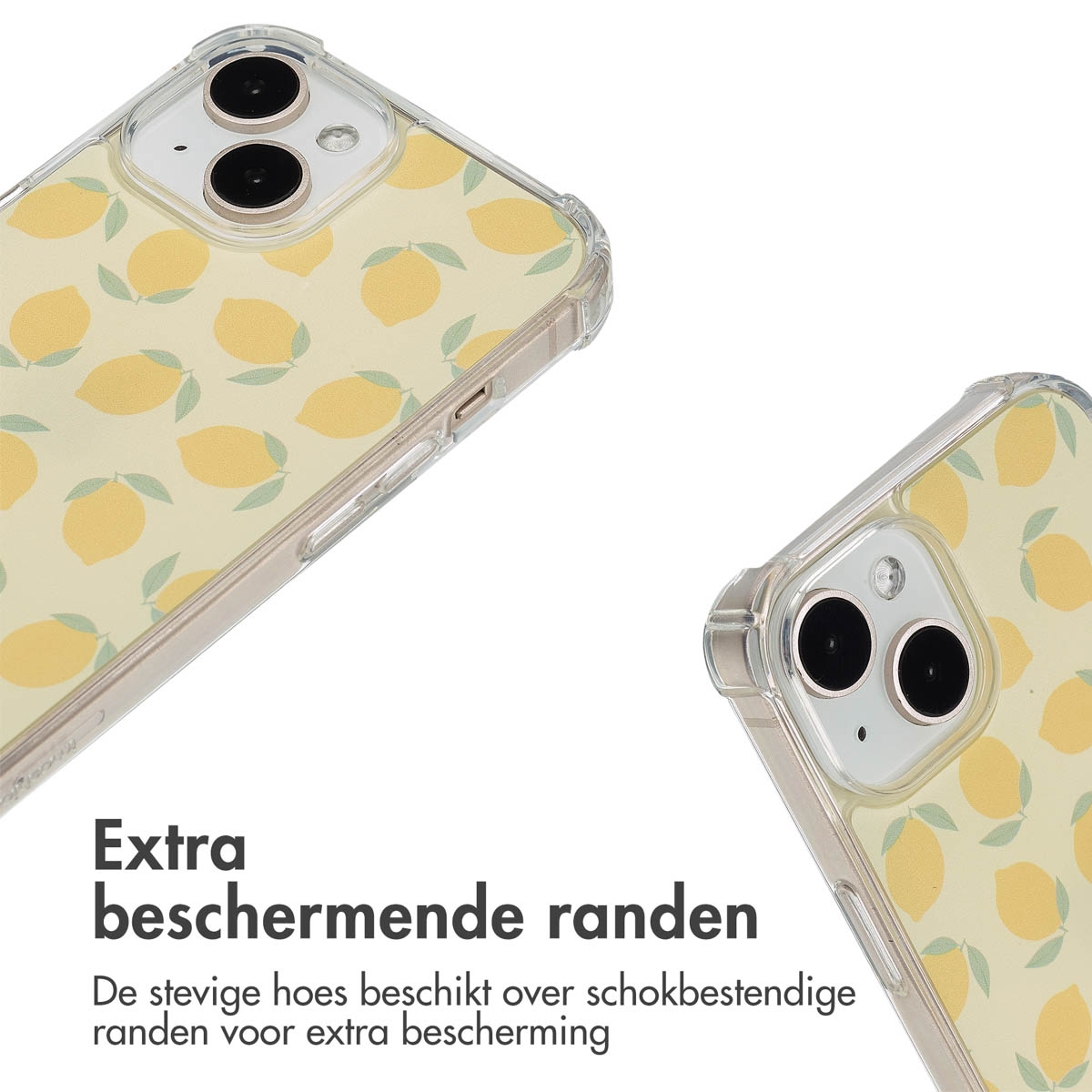 Telefoonhoesje met citroenpatroon. Twee hoesjes, die het ontwerp en een telefoon erin tonen.