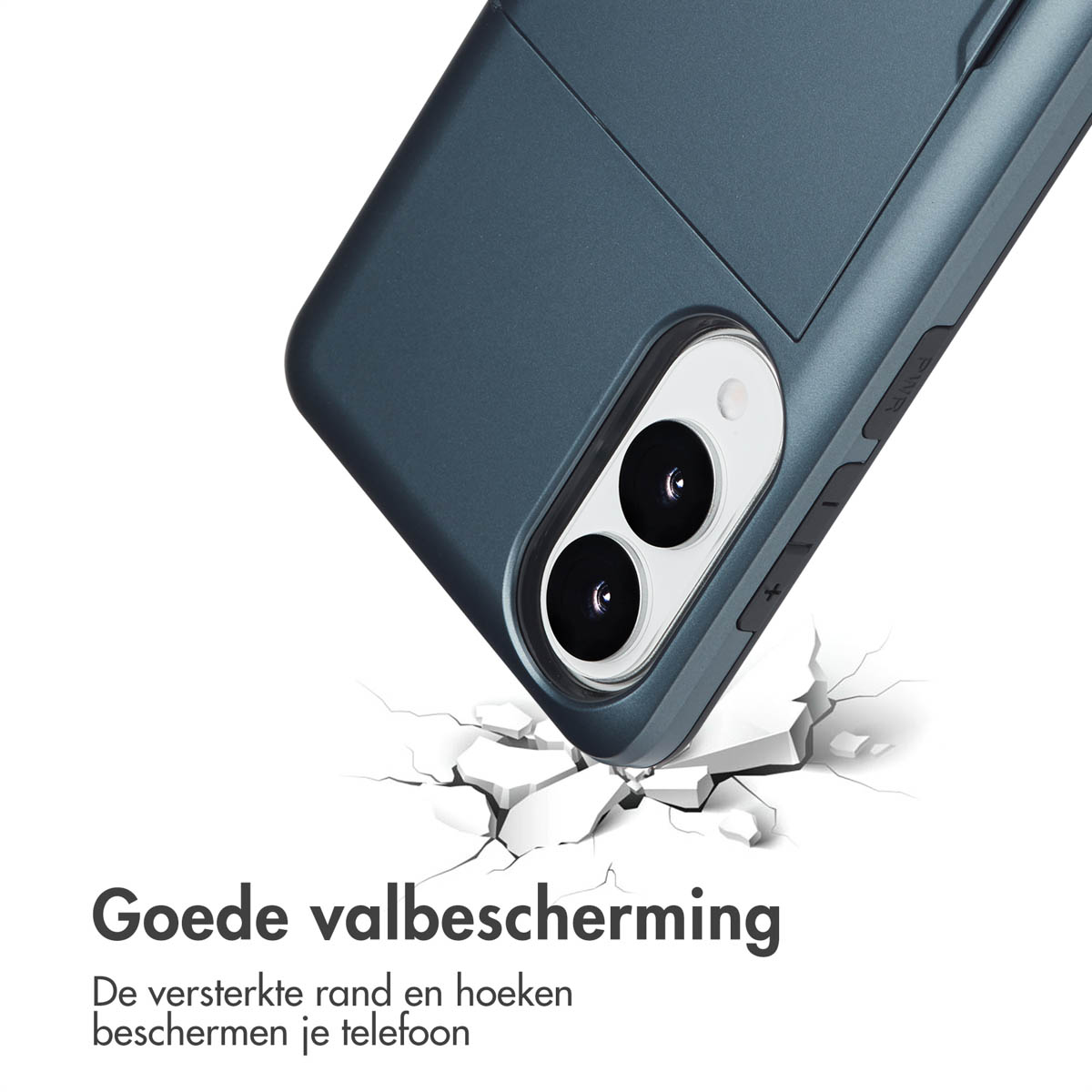 Coque de téléphone bleu foncé avec téléphone à l'intérieur, fissures au sol, coque fissurée.