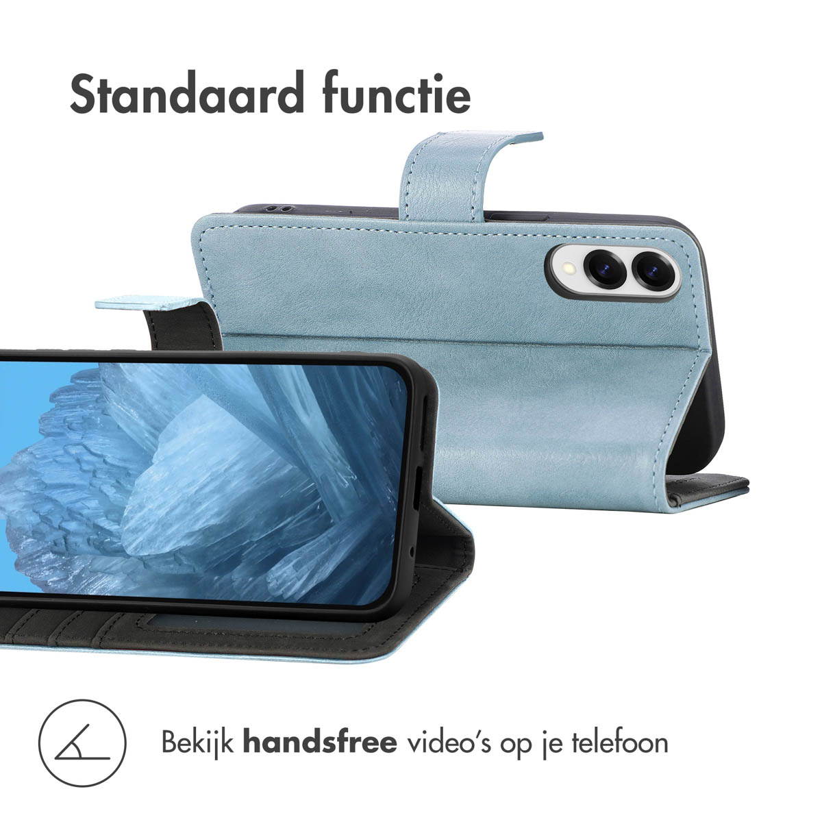 Blauw telefoonhoesje met een afbeelding op de telefoon.