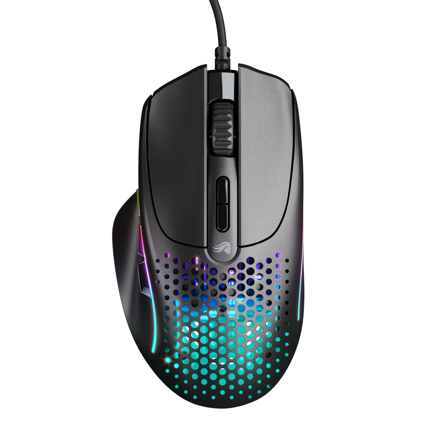 Mouse da gioco nero con illuminazione RGB, design a nido d'ape e connessione cablata.