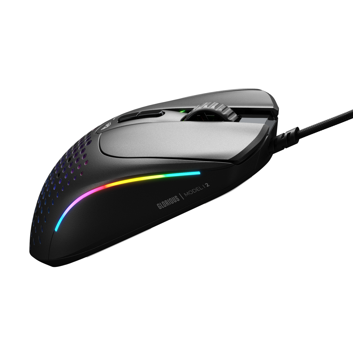 Mouse da gioco Glorious Model I2 nero con illuminazione RGB e connessione cablata.