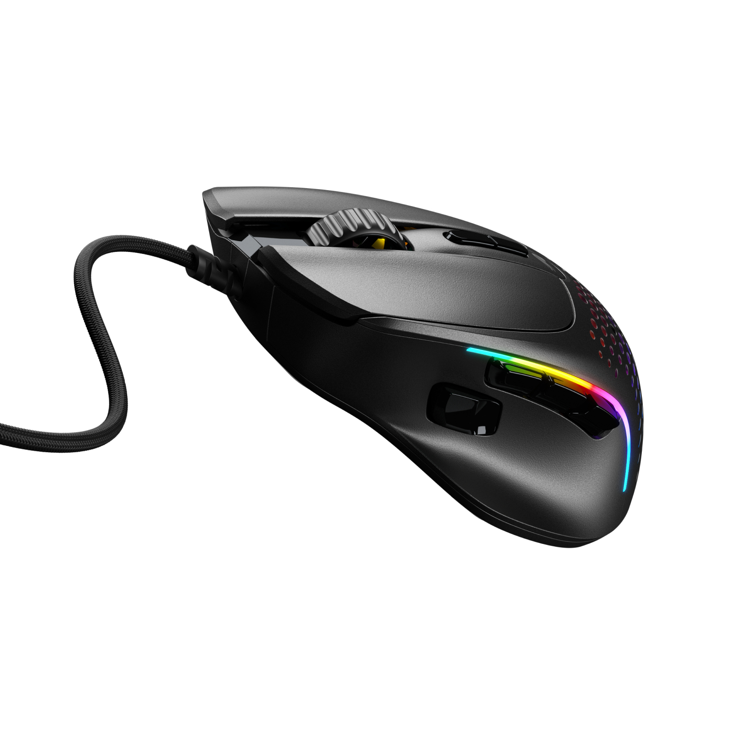 Mouse da gaming nero. Vista laterale con striscia LED arcobaleno e parte superiore perforata.
