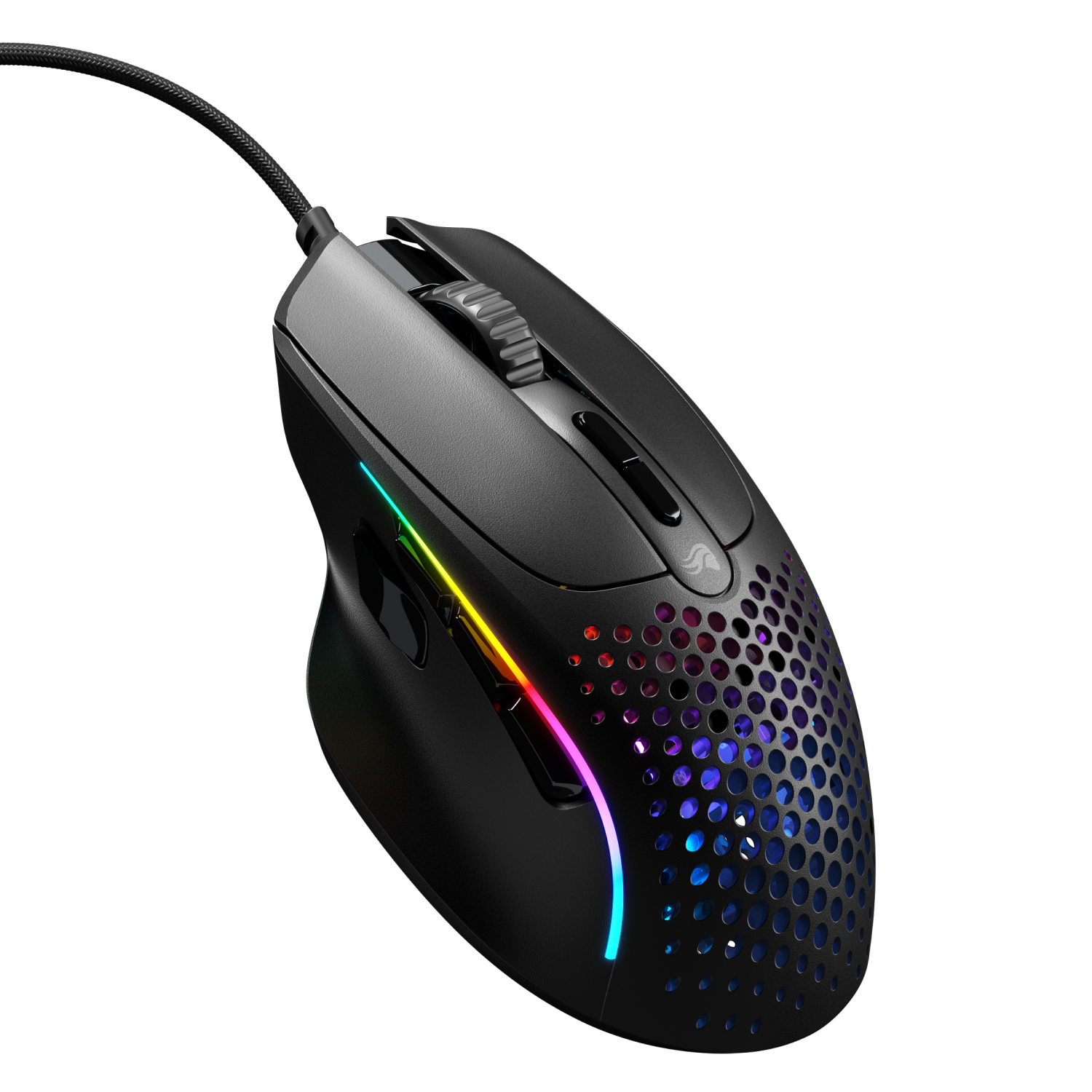 Mouse da gaming nero. Vista laterale con LED arcobaleno e design perforato.