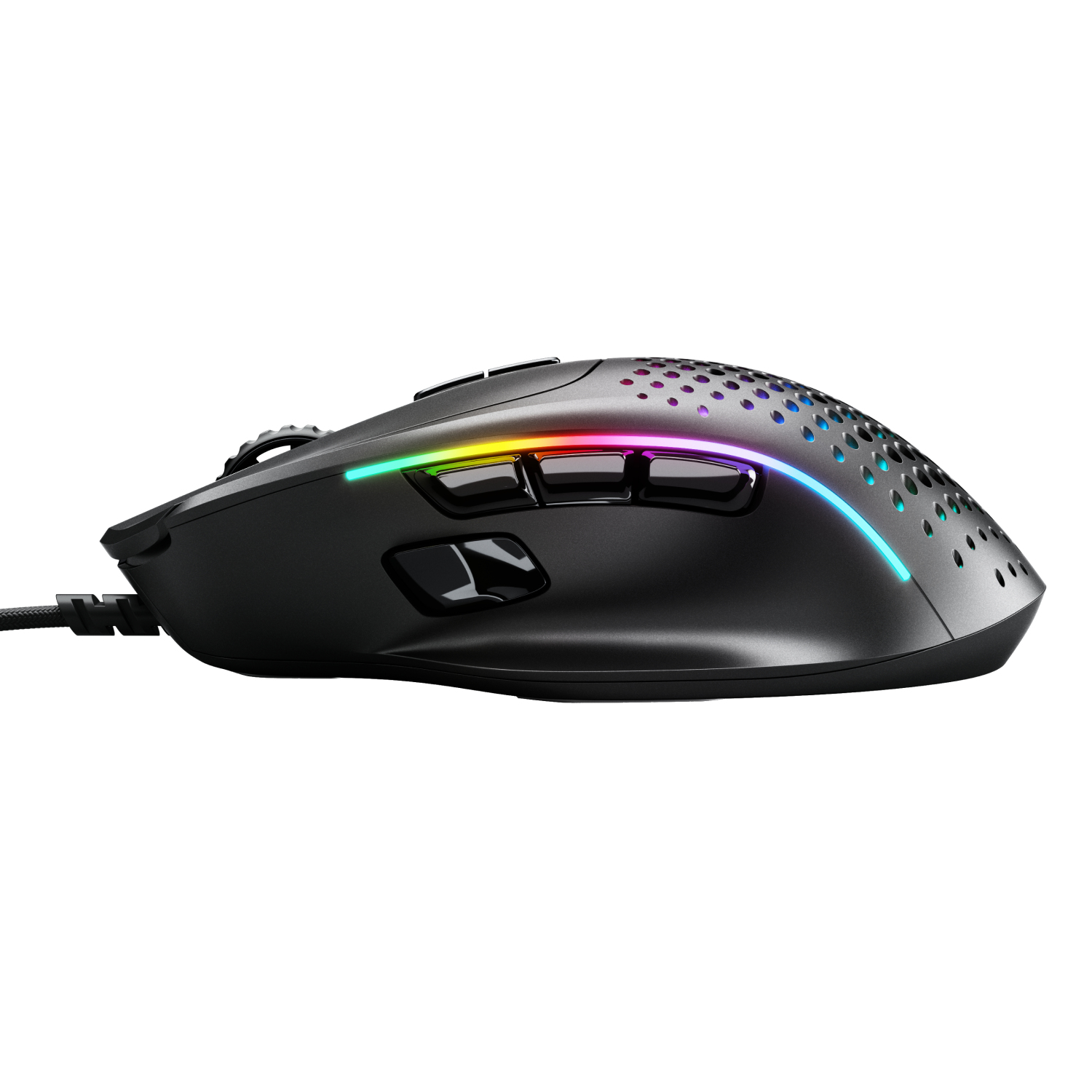 Mouse da gaming nero. Striscia LED arcobaleno. Pulsanti laterali. Parte superiore perforata.