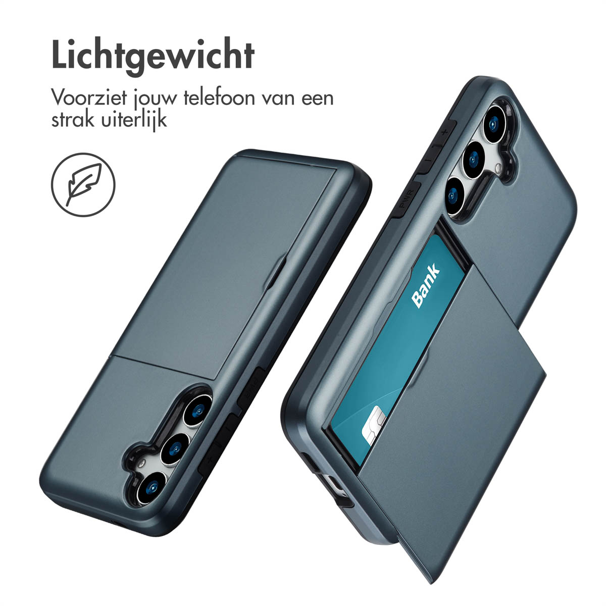 Telefoonhoesje met een kaartsleuf, open, met een telefoon en een bankkaart erin.