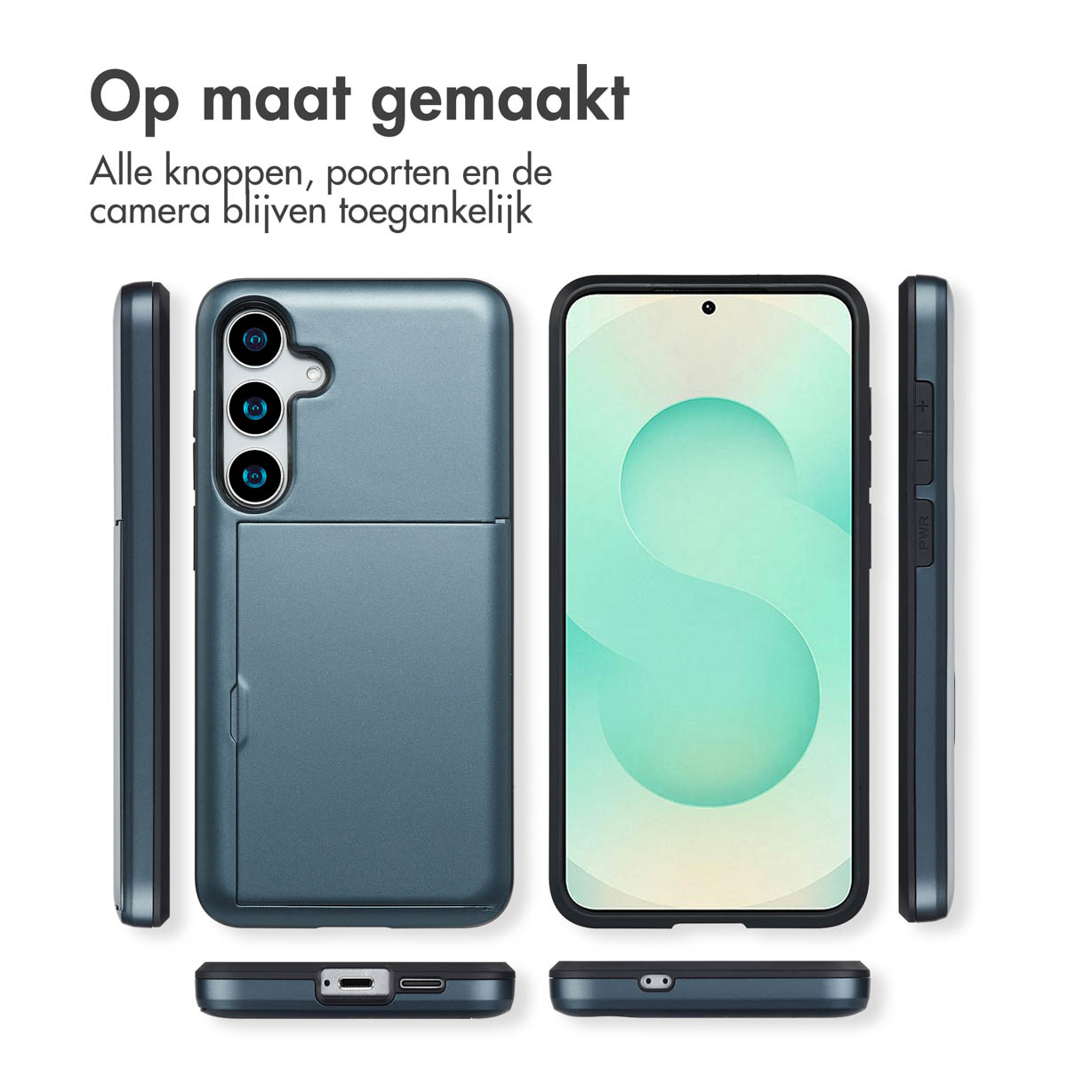 Telefoonhoesjes, donkerblauw, met een kaartsleuf en Nederlandse tekst.